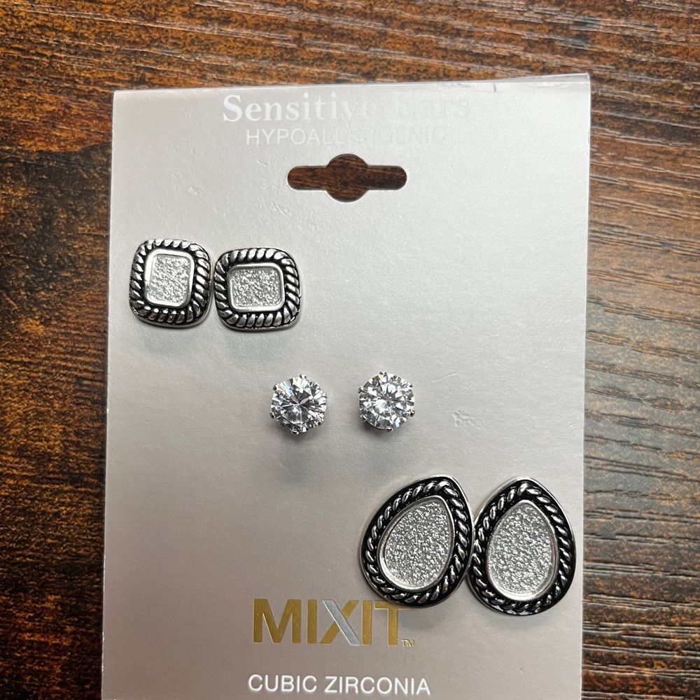 3 PC Collection Silver-Tone & Black Cubic Zirconia Earring